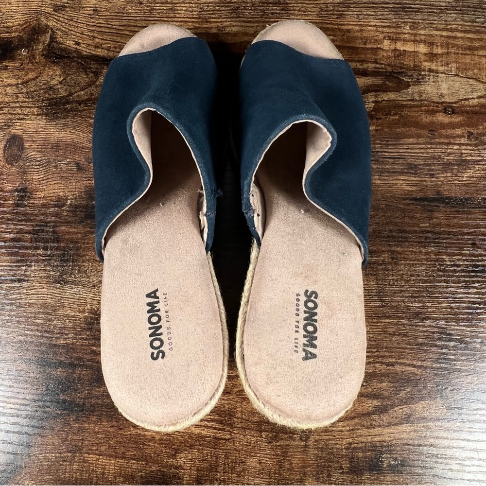 Sonoma Espadrille Wedge Leather Slide Sandals Blue Peep Toe Casual Women's 7.5 - Picture 6 of 10